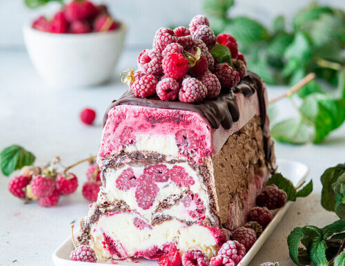 TORTA GELATO AI LAMPONI CIOCCOLATO E PANNA senza uova glutine e lattosio